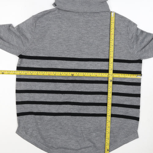French Connection Women Grey Black Striped Roll Neck Jumper L Cashmere