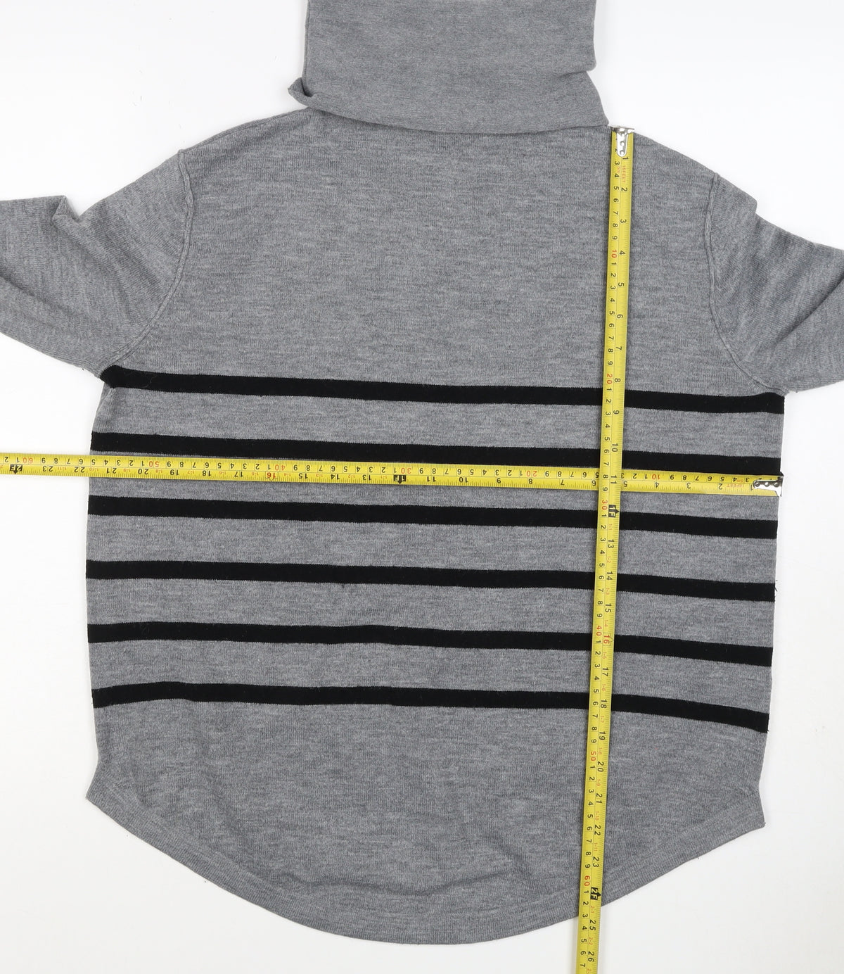 French Connection Women Grey Black Striped Roll Neck Jumper L Cashmere