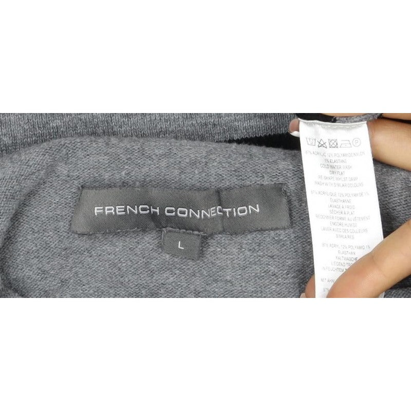 French Connection Women Grey Black Striped Roll Neck Jumper L Cashmere