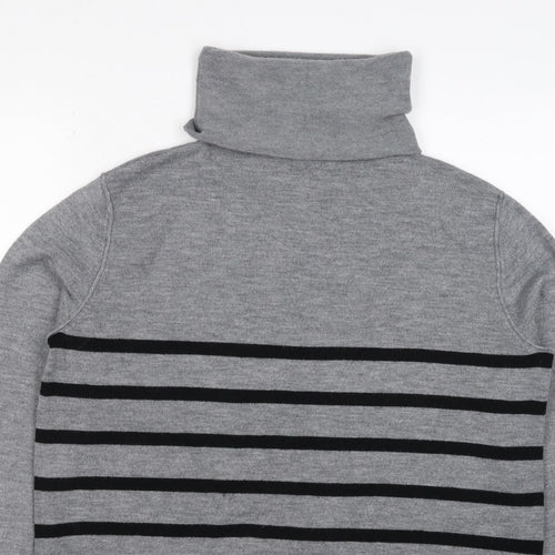 French Connection Women Grey Black Striped Roll Neck Jumper L Cashmere