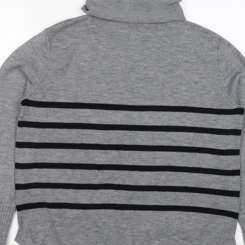 French Connection Women Grey Black Striped Roll Neck Jumper L Cashmere