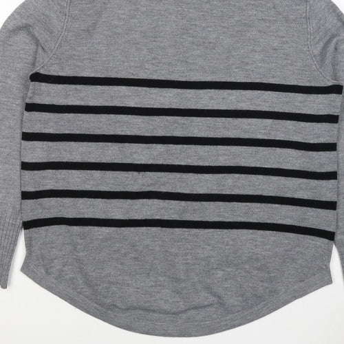 French Connection Women Grey Black Striped Roll Neck Jumper L Cashmere