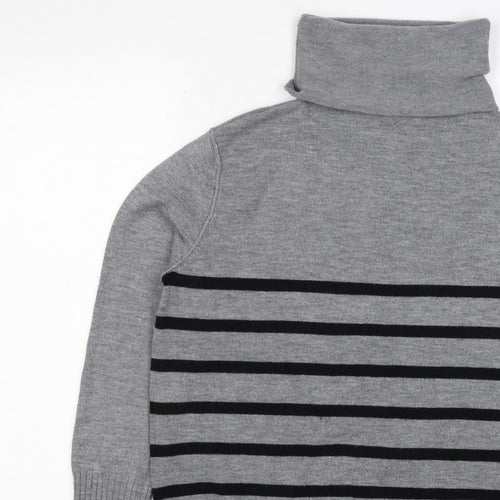 French Connection Women Grey Black Striped Roll Neck Jumper L Cashmere