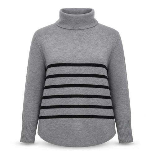 French Connection Women Grey Black Striped Roll Neck Jumper L Cashmere