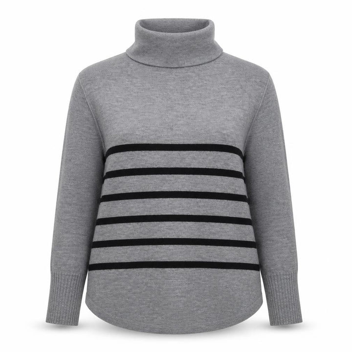French Connection Women Grey Black Striped Roll Neck Jumper L Cashmere