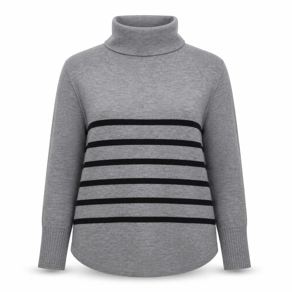 French Connection Women Grey Black Striped Roll Neck Jumper L Cashmere