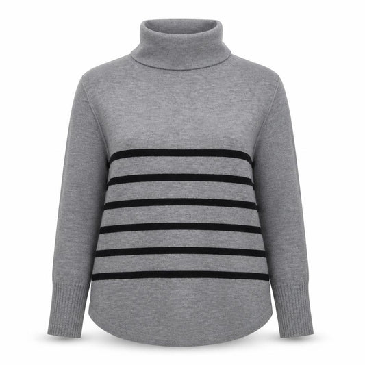 French Connection Women Grey Black Striped Roll Neck Jumper L Cashmere