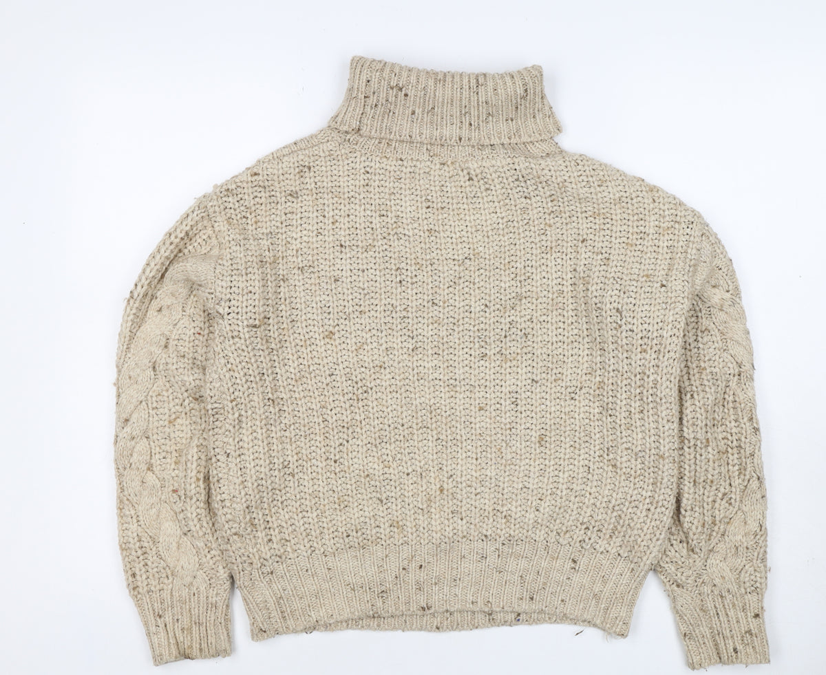 Marks and Spencer Women Beige S Cable-Knit Roll Neck Chunky Jumper