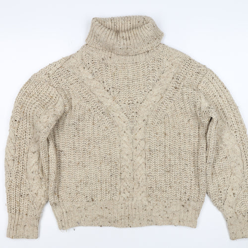 Marks and Spencer Women Beige S Cable-Knit Roll Neck Chunky Jumper