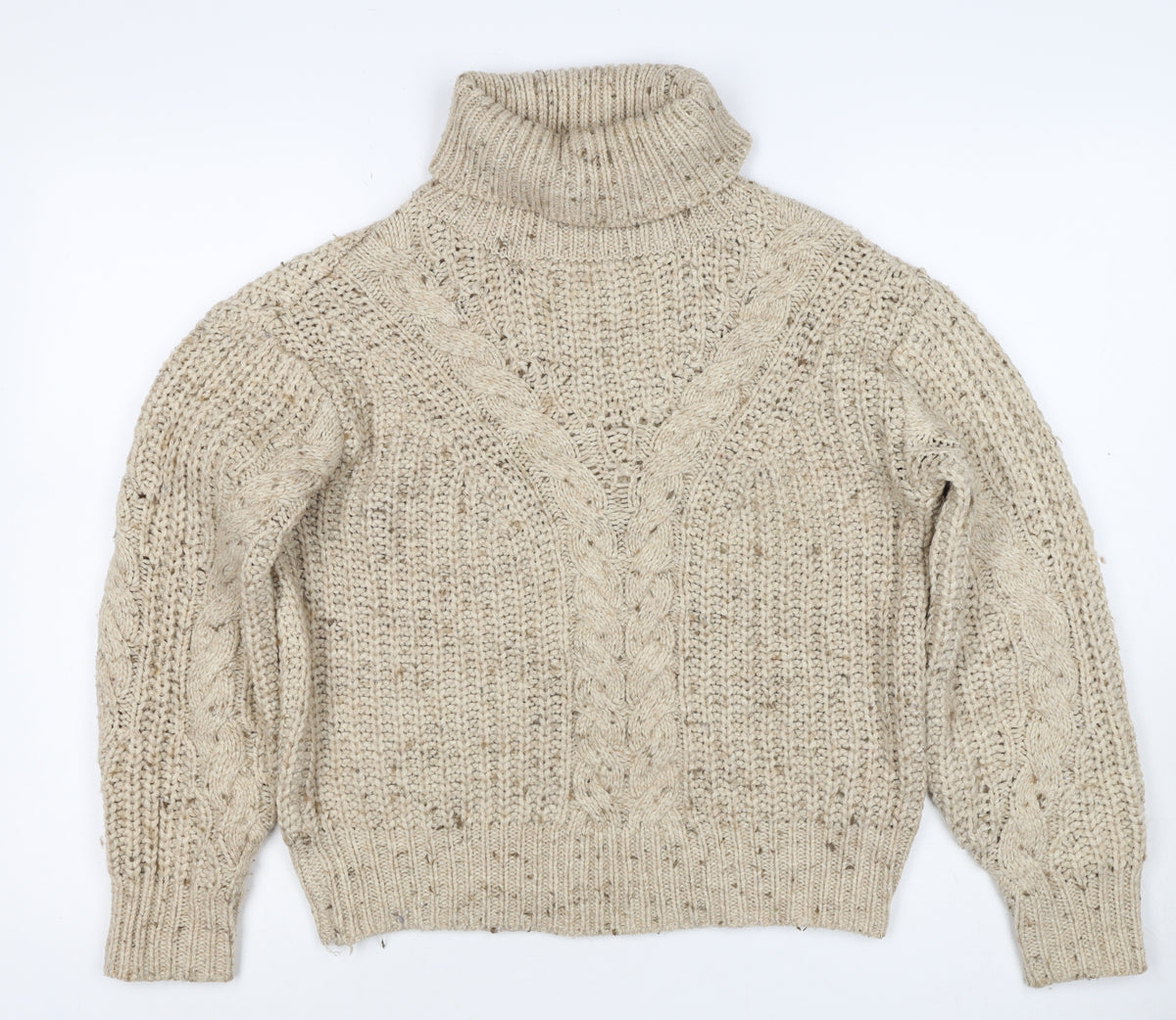 Marks and Spencer Women Beige S Cable-Knit Roll Neck Chunky Jumper