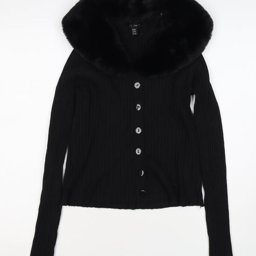 Ted London Women’s Black Rib Knit Faux Fur Collar Cardigan UK L