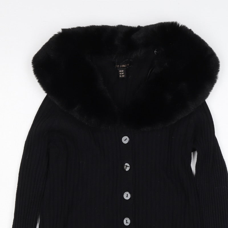 Ted London Women’s Black Rib Knit Faux Fur Collar Cardigan UK L