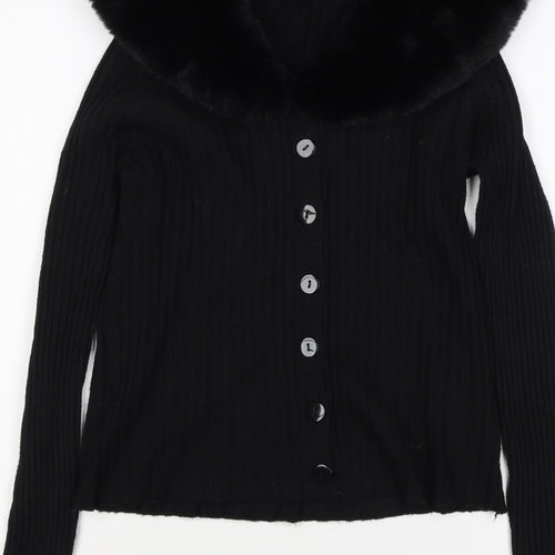 Ted London Women’s Black Rib Knit Faux Fur Collar Cardigan UK L