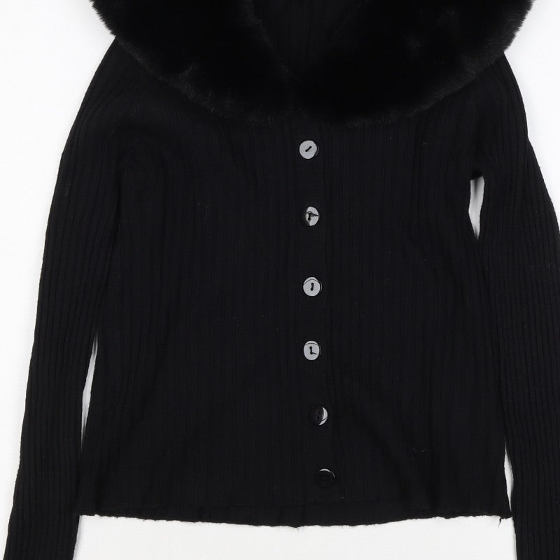 Ted London Women’s Black Rib Knit Faux Fur Collar Cardigan UK L