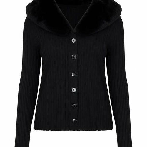 Ted London Women’s Black Rib Knit Faux Fur Collar Cardigan UK L