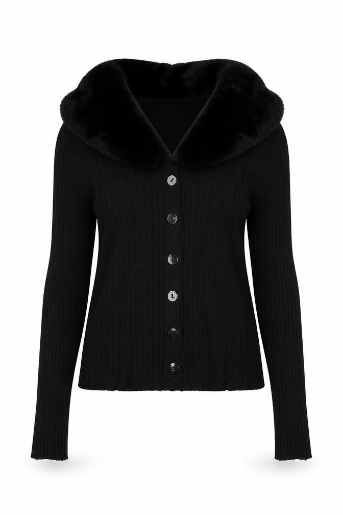 Ted London Women’s Black Rib Knit Faux Fur Collar Cardigan UK L