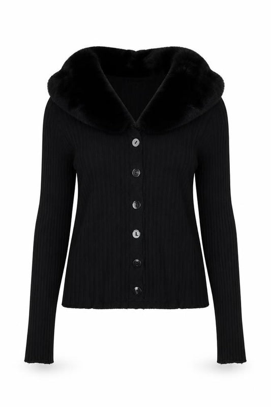 Ted London Women’s Black Rib Knit Faux Fur Collar Cardigan UK L