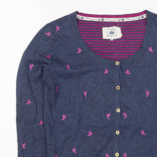 Mantaray Women's Blue Pink Bird Embroidered Button Cardigan Size 10