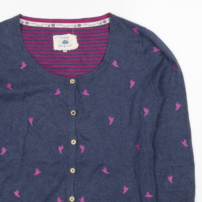Mantaray Women's Blue Pink Bird Embroidered Button Cardigan Size 10