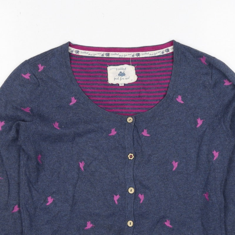 Mantaray Women's Blue Pink Bird Embroidered Button Cardigan Size 10