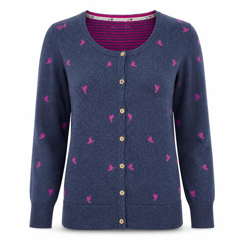 Mantaray Women's Blue Pink Bird Embroidered Button Cardigan Size 10