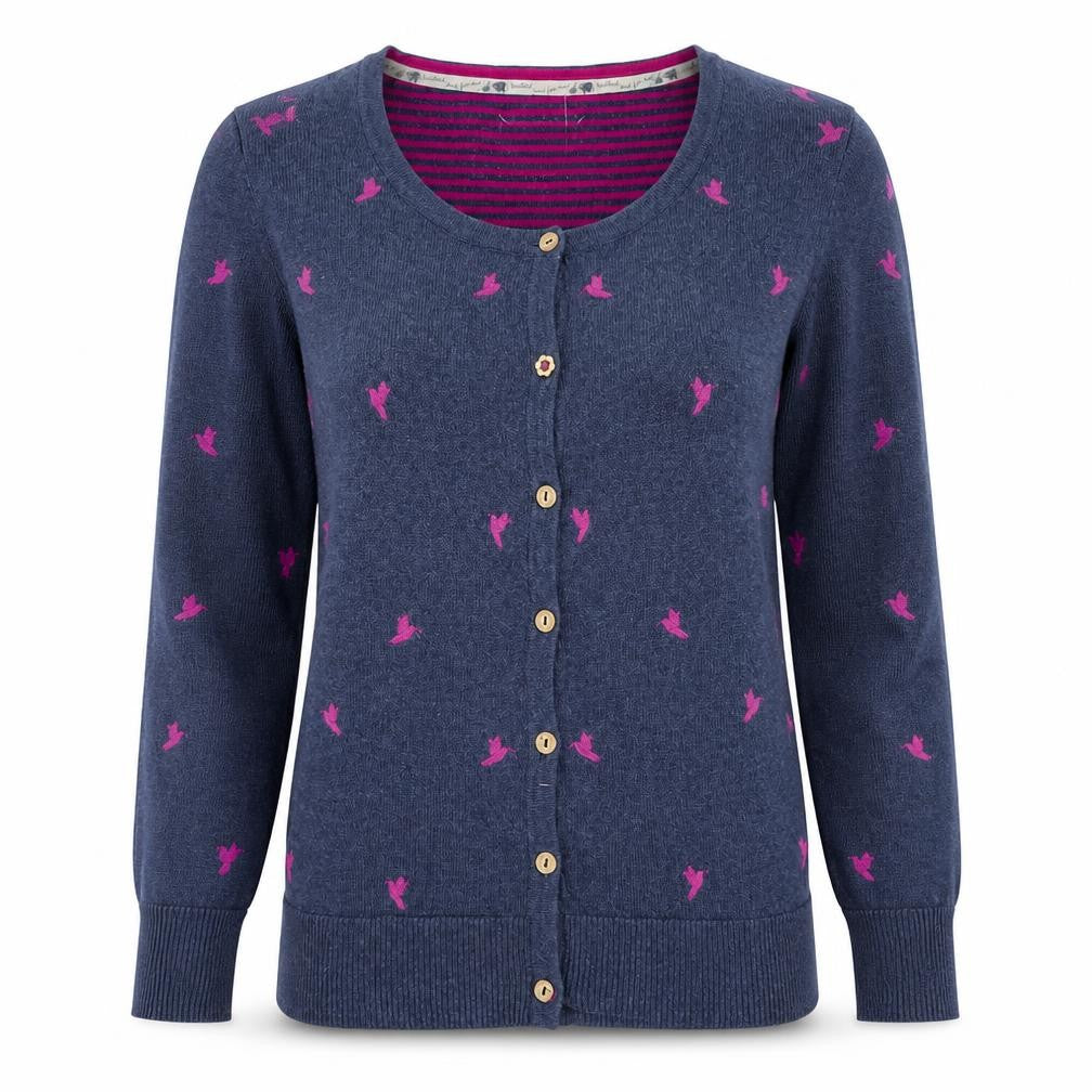 Mantaray Women's Blue Pink Bird Embroidered Button Cardigan Size 10