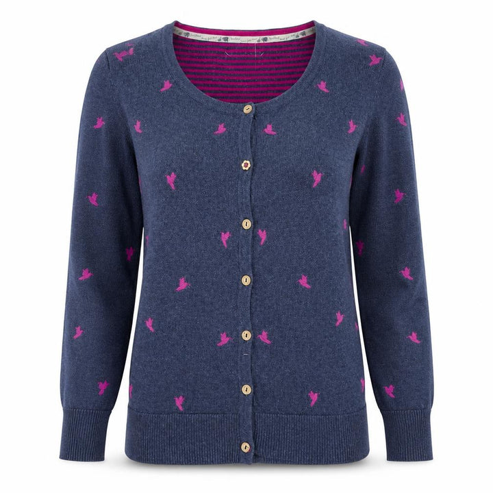 Mantaray Women's Blue Pink Bird Embroidered Button Cardigan Size 10