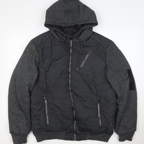 Firetrap Men’s Black Grey Hooded Padded Bomber Jacket Size L