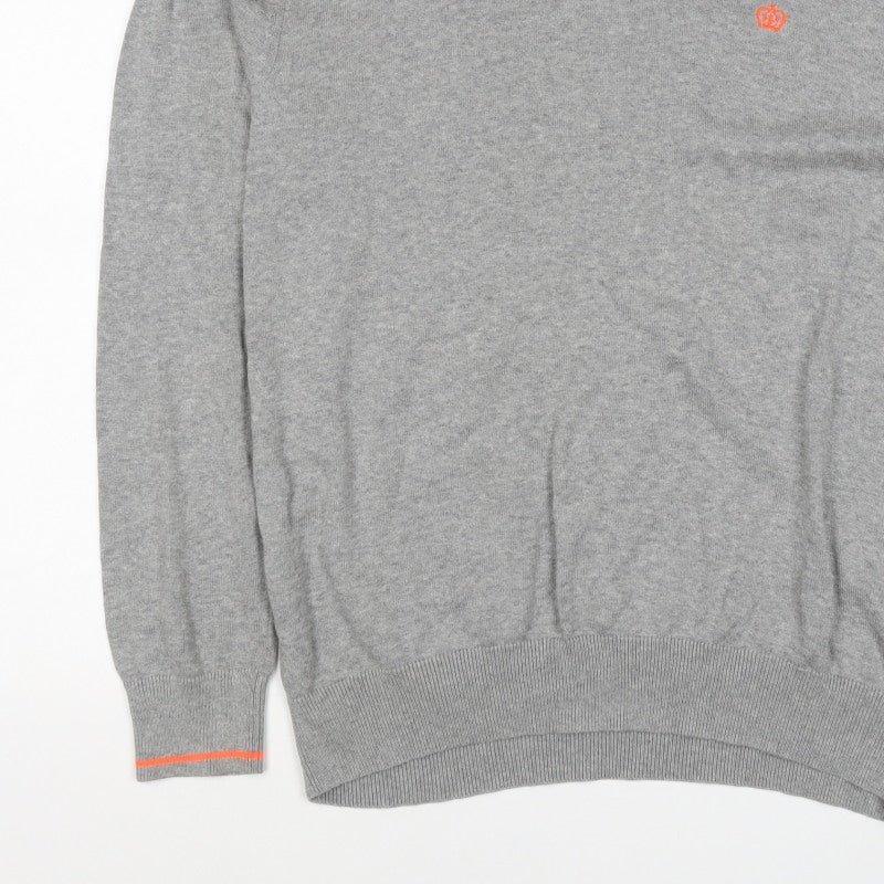 Next Men Grey XL V-Neck Cotton Knit Pullover Jumper Contrast Trim Logo