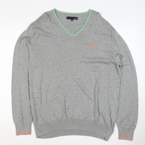 Next Men Grey XL V-Neck Cotton Knit Pullover Jumper Contrast Trim Logo