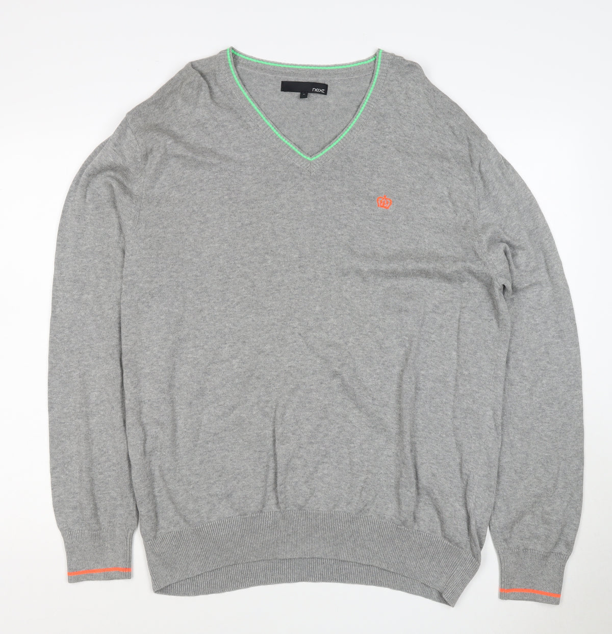 Next Men Grey XL V-Neck Cotton Knit Pullover Jumper Contrast Trim Logo