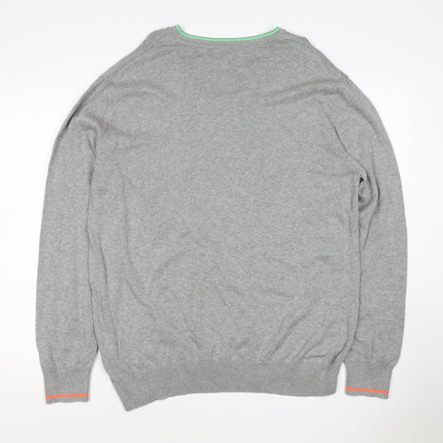 Next Men Grey XL V-Neck Cotton Knit Pullover Jumper Contrast Trim Logo