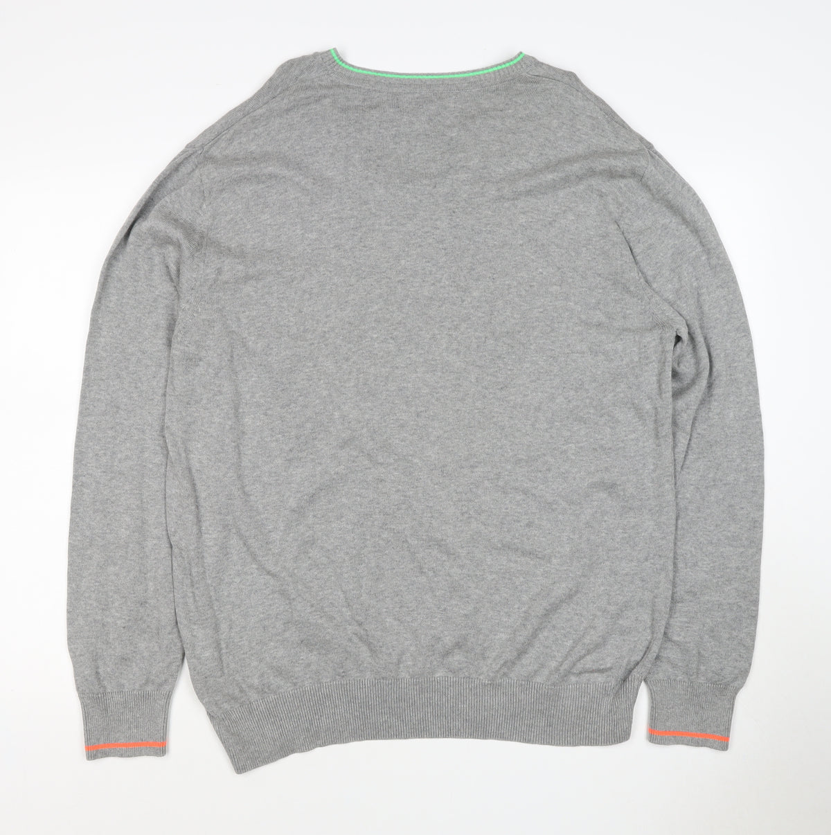 Next Men Grey XL V-Neck Cotton Knit Pullover Jumper Contrast Trim Logo