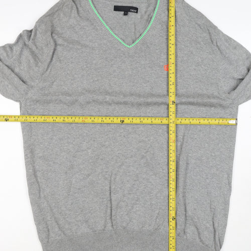 Next Men Grey XL V-Neck Cotton Knit Pullover Jumper Contrast Trim Logo