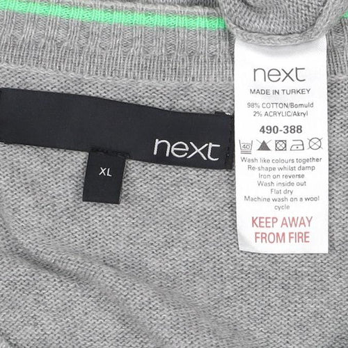 Next Men Grey XL V-Neck Cotton Knit Pullover Jumper Contrast Trim Logo