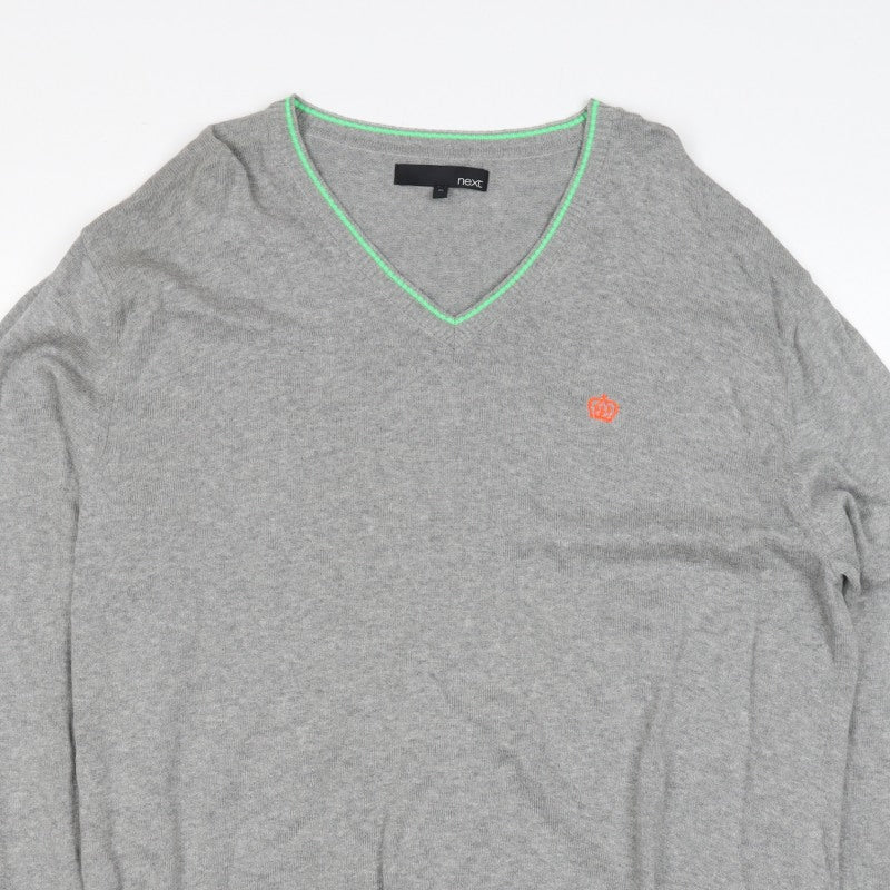 Next Men Grey XL V-Neck Cotton Knit Pullover Jumper Contrast Trim Logo