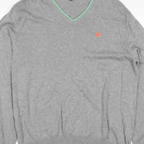 Next Men Grey XL V-Neck Cotton Knit Pullover Jumper Contrast Trim Logo