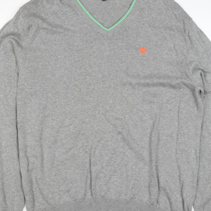 Next Men Grey XL V-Neck Cotton Knit Pullover Jumper Contrast Trim Logo