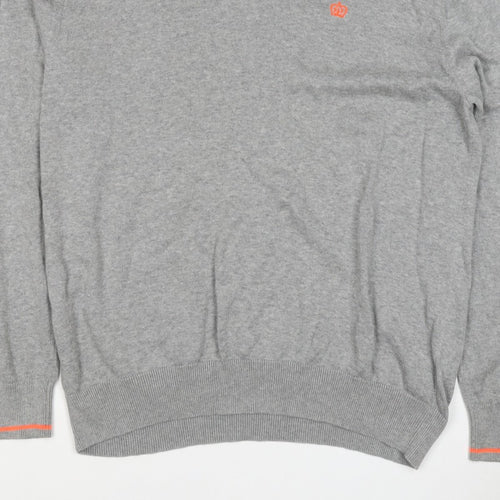 Next Men Grey XL V-Neck Cotton Knit Pullover Jumper Contrast Trim Logo