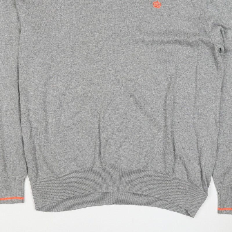 Next Men Grey XL V-Neck Cotton Knit Pullover Jumper Contrast Trim Logo