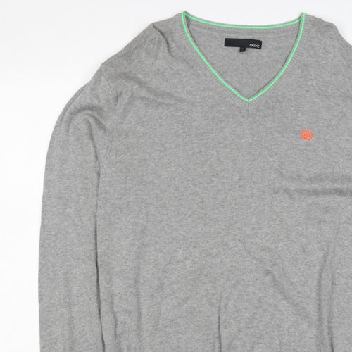 Next Men Grey XL V-Neck Cotton Knit Pullover Jumper Contrast Trim Logo