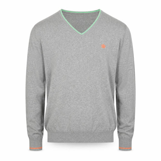 Next Men Grey XL V-Neck Cotton Knit Pullover Jumper Contrast Trim Logo