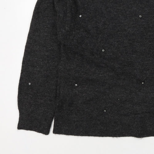 H&M Women Grey Size 10 Jewel Detail Crew Neck Knit Jumper