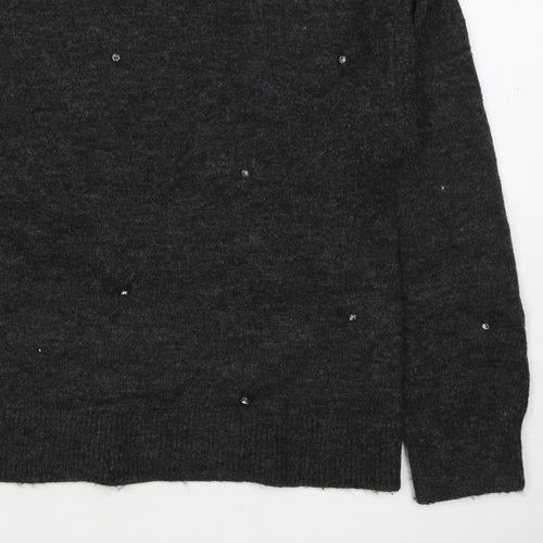 H&M Women Grey Size 10 Jewel Detail Crew Neck Knit Jumper