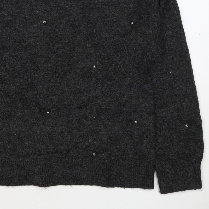 H&M Women Grey Size 10 Jewel Detail Crew Neck Knit Jumper