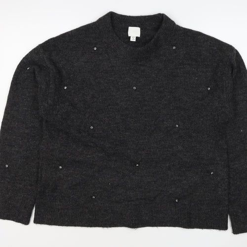 H&M Women Grey Size 10 Jewel Detail Crew Neck Knit Jumper