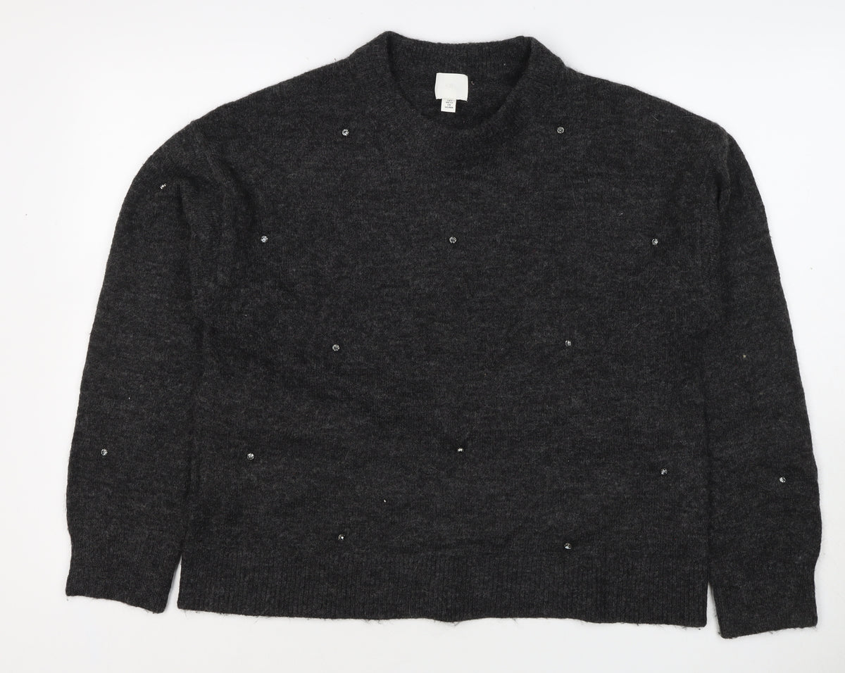 H&M Women Grey Size 10 Jewel Detail Crew Neck Knit Jumper