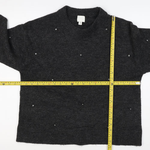 H&M Women Grey Size 10 Jewel Detail Crew Neck Knit Jumper
