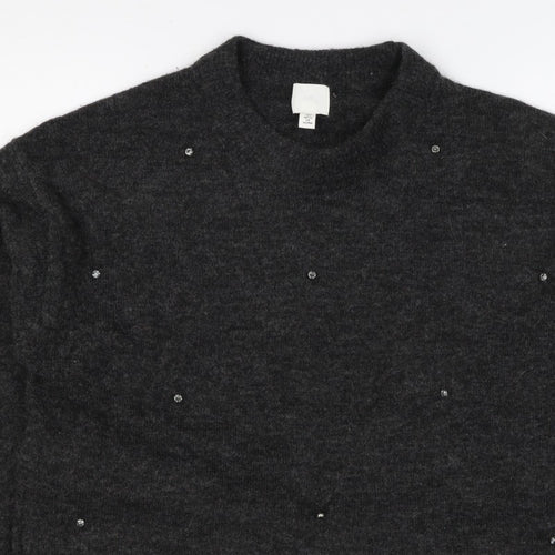 H&M Women Grey Size 10 Jewel Detail Crew Neck Knit Jumper