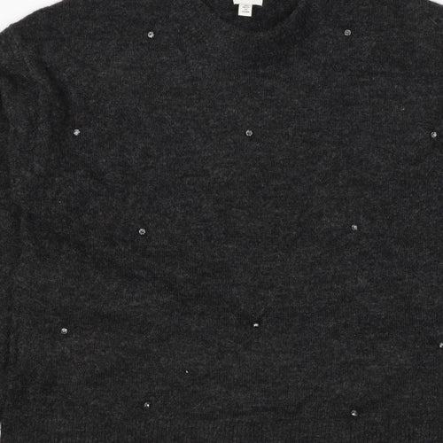 H&M Women Grey Size 10 Jewel Detail Crew Neck Knit Jumper